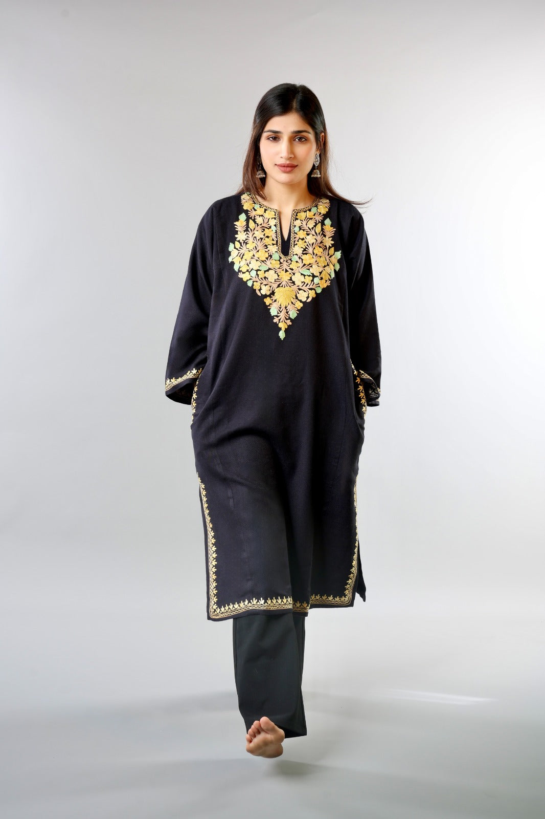 Black Ethnic Embroidered Kurta with Floral Neckline Detailing