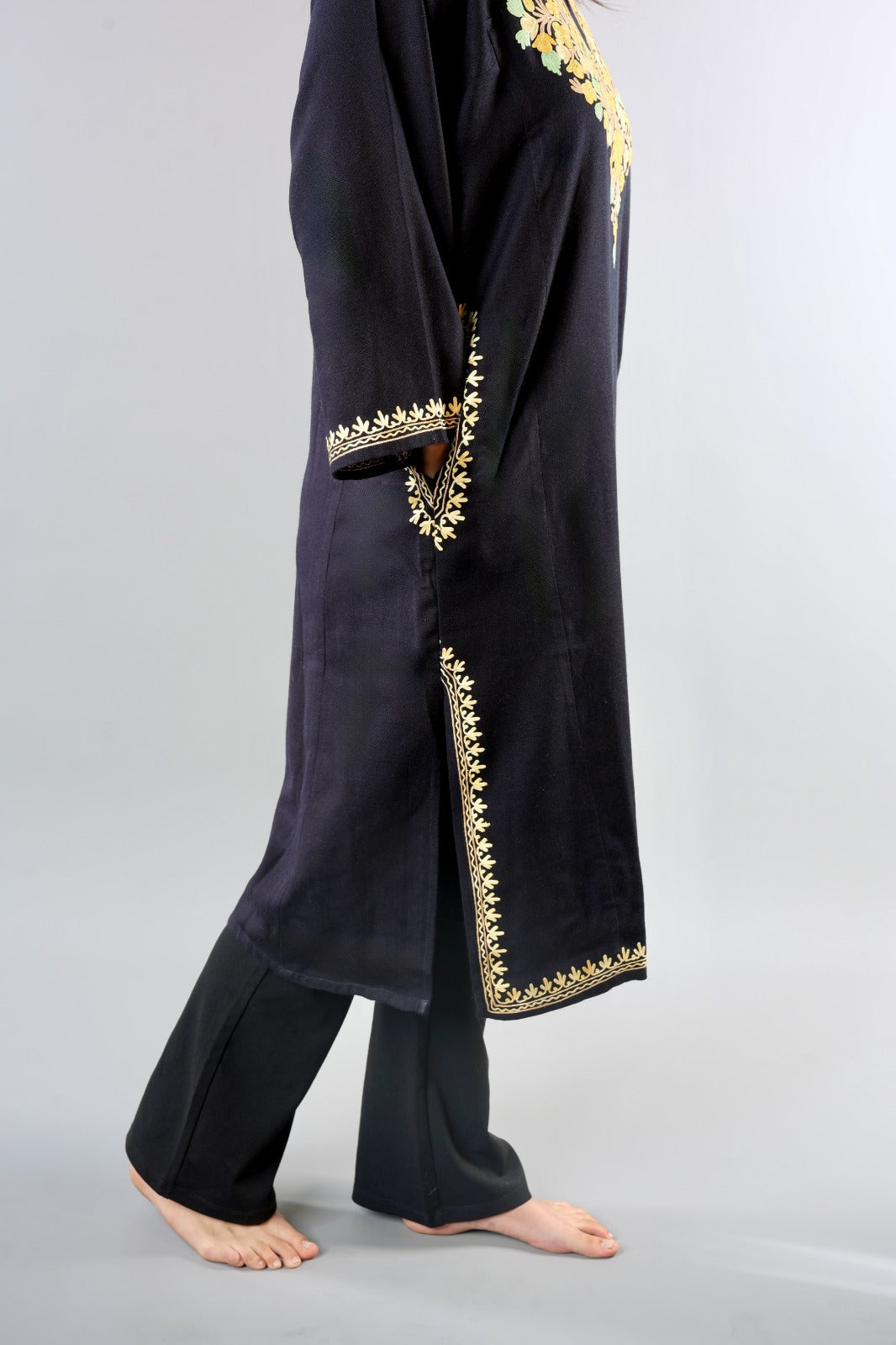 Black Ethnic Embroidered Kurta with Floral Neckline Detailing