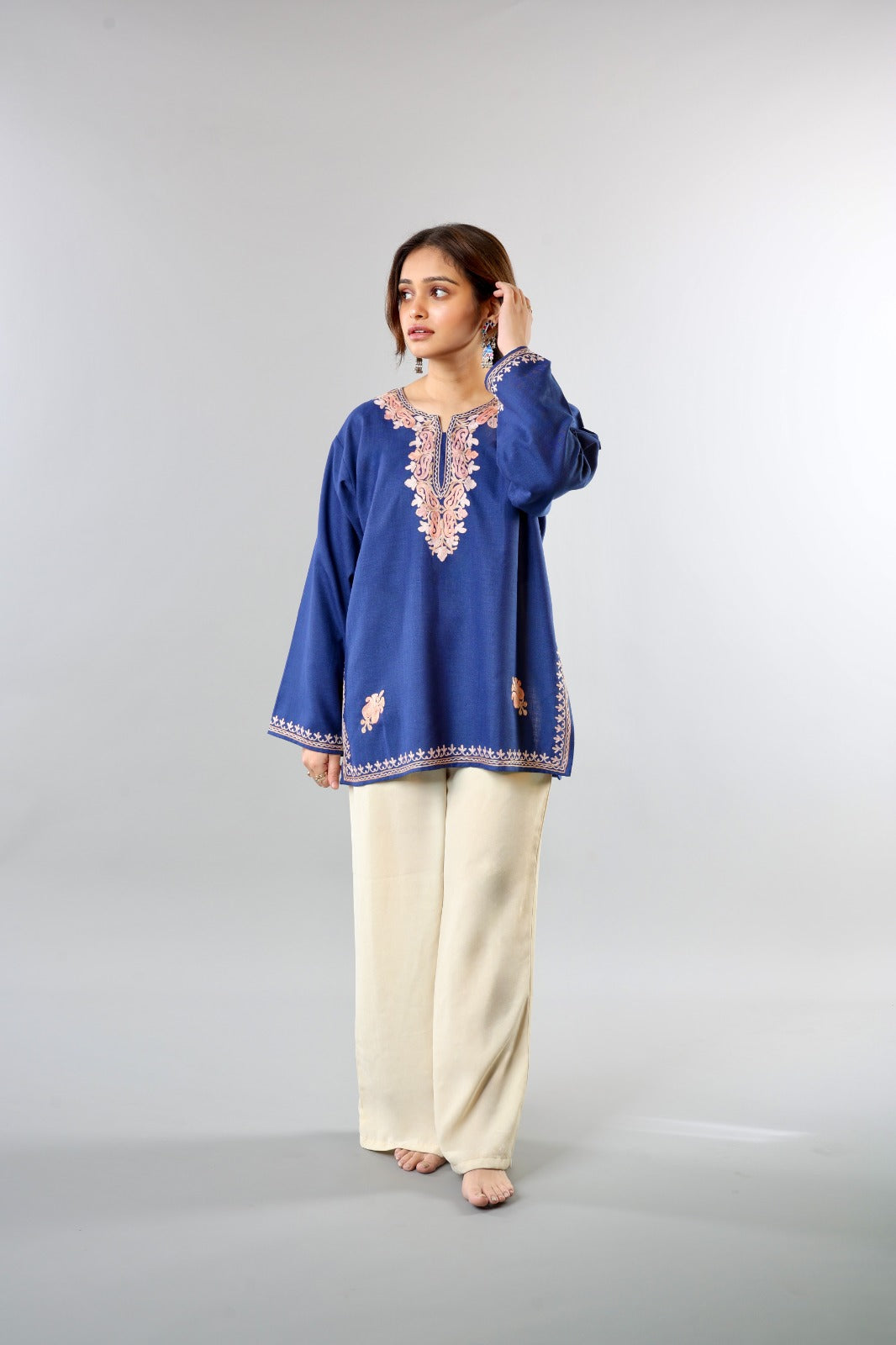 Ethnic Embroidered Kurta with Floral Neckline Detailing