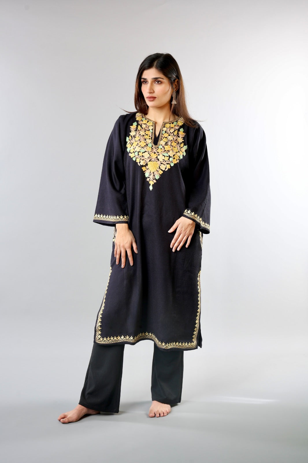 Black Ethnic Embroidered Kurta with Floral Neckline Detailing