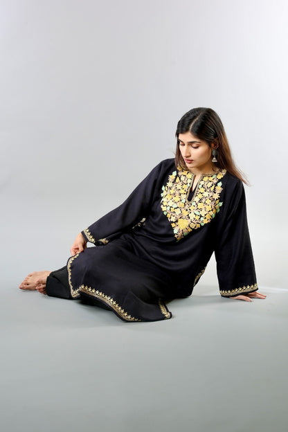 Black Ethnic Embroidered Kurta with Floral Neckline Detailing