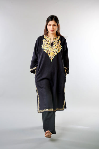 Black Ethnic Embroidered Kurta with Floral Neckline Detailing