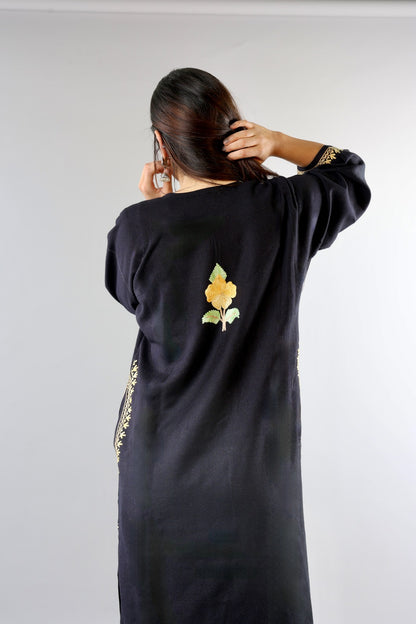 Black Ethnic Embroidered Kurta with Floral Neckline Detailing