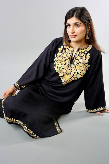 Black Ethnic Embroidered Kurta with Floral Neckline Detailing