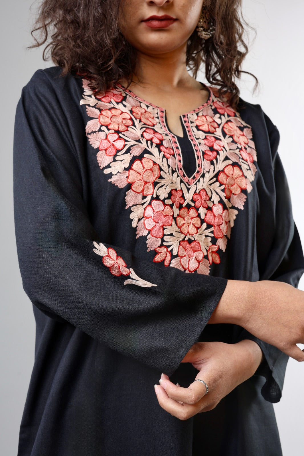 Ethnic Embroidered Kurta with Floral Neckline Detailing