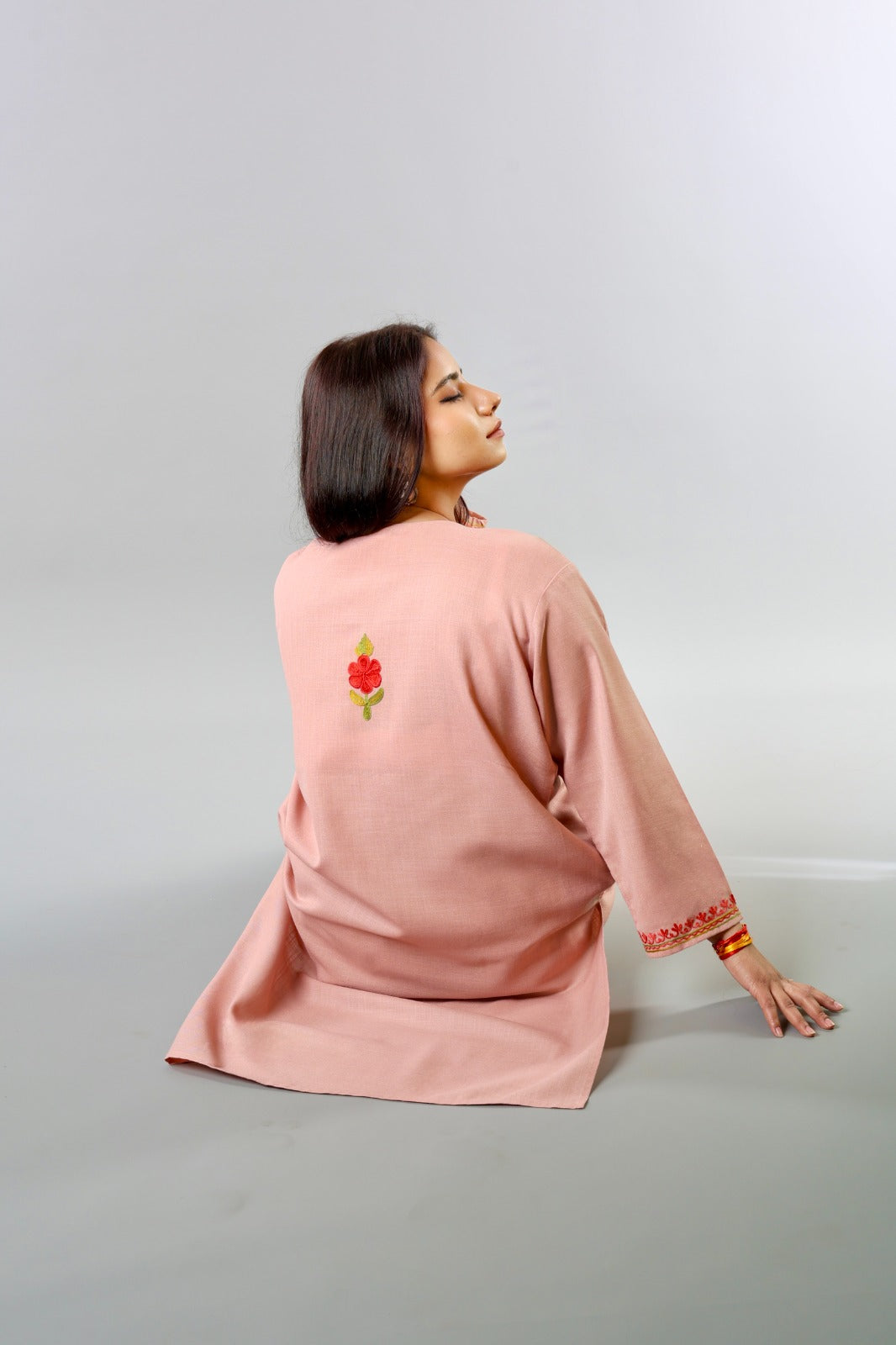Ethnic Embroidered Kurta with Floral Neckline Detailing