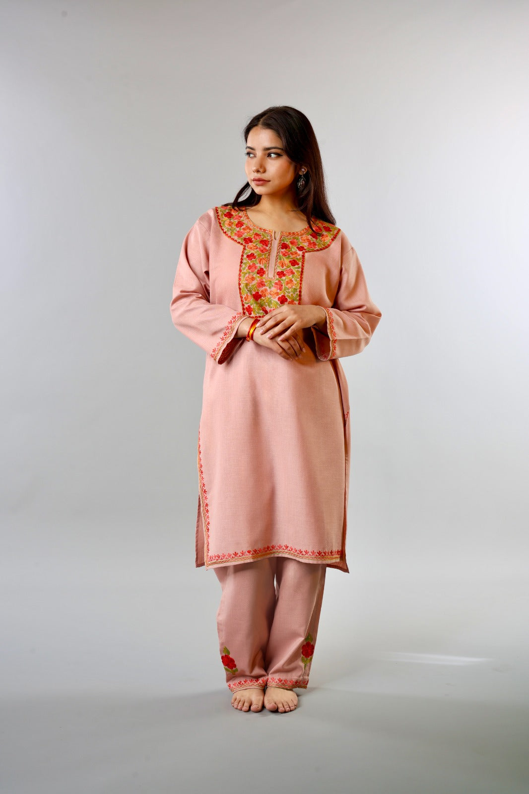 Ethnic Embroidered Kurta with Floral Neckline Detailing