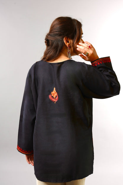Ethnic Embroidered Kurta with Floral Neckline Detailing