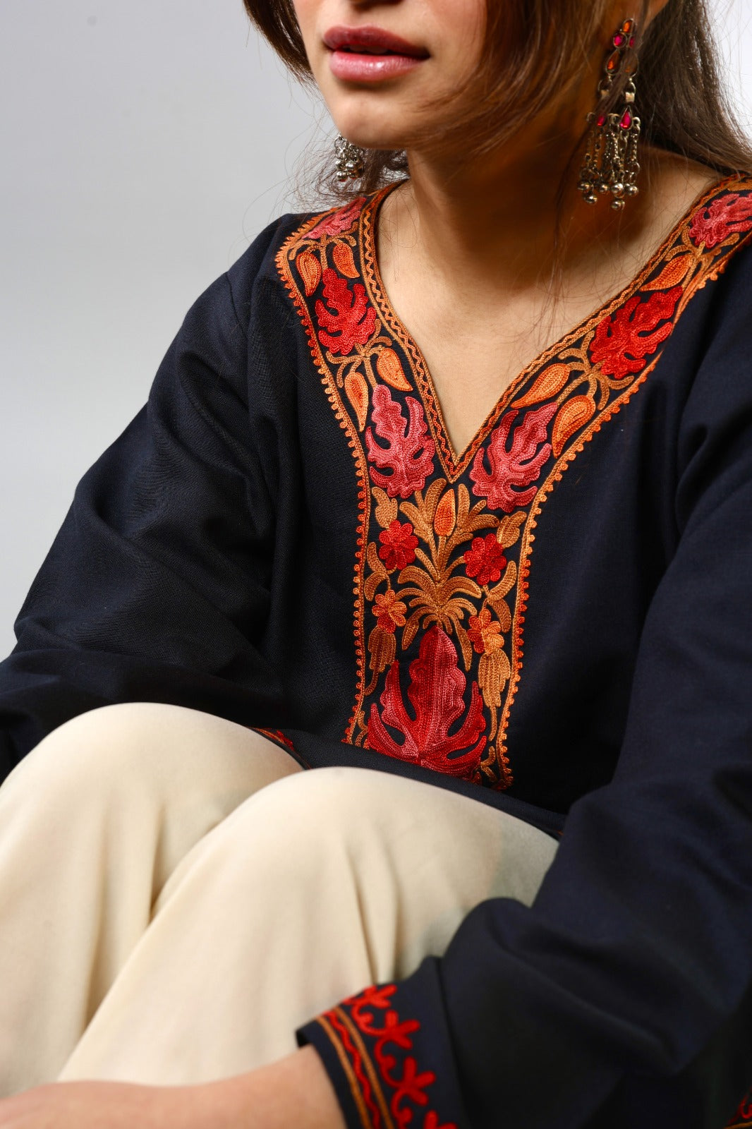 Ethnic Embroidered Kurta with Floral Neckline Detailing