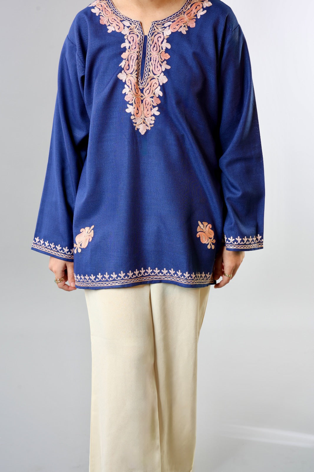 Ethnic Embroidered Kurta with Floral Neckline Detailing