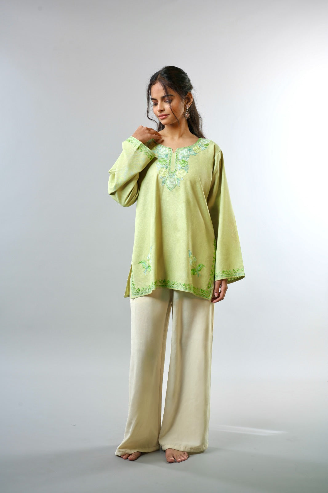 Ethnic Embroidered Kurta with Floral Neckline Detailing