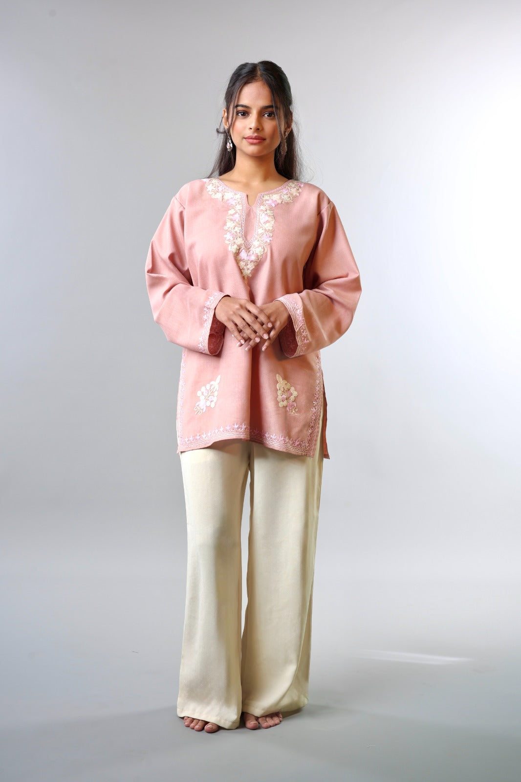 Ethnic Embroidered Kurta with Floral Neckline Detailing