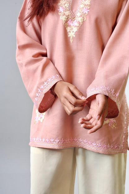 Ethnic Embroidered Kurta with Floral Neckline Detailing